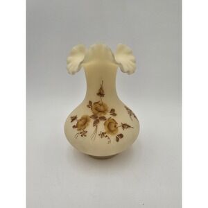 Fenton Ruffled Vase Custard Glass W/ Brown Flowers Roses Handpainted Vintage 7"